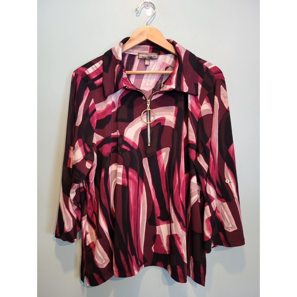 Burgundy Pink 1/4 Zip Roll Tab Sleeve Relaxed Fit Top Thomas & Olivia Sz 2X